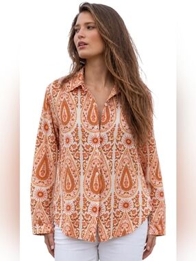 Women's Orange Linen Paisley Button-Up Shirt